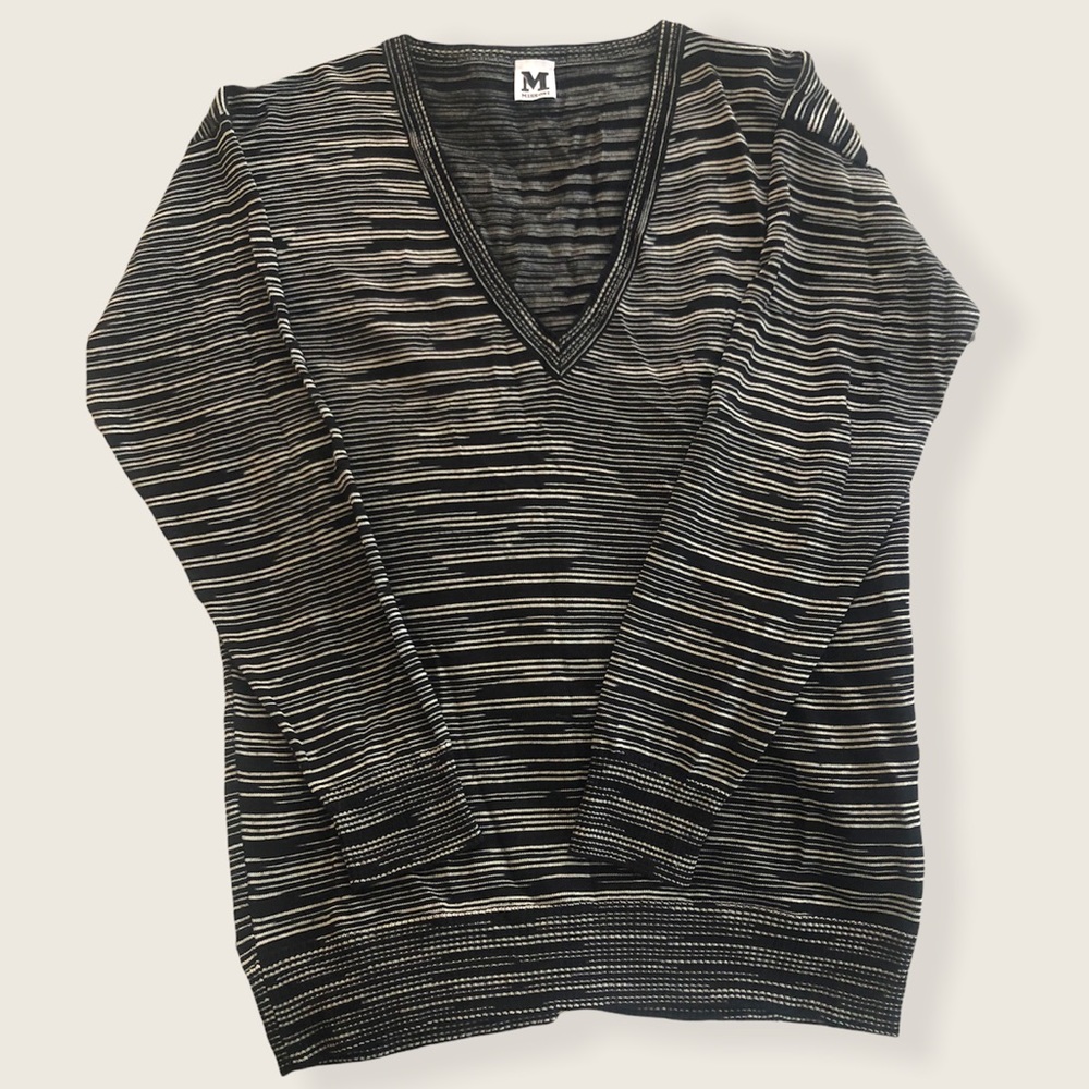 M MISSONI Pullover Top Knit Black White Stripes V-Neck Size 38 Vintage